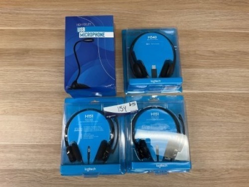 Bundle Of 1 x High Fidelity USB Microphone, 2 x Logitech H151 Stereo Headset, and 1 x Logitech H340 USB Headset, Black