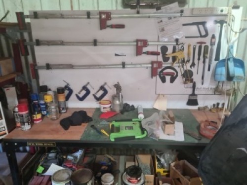 Timber Topped Metal Framed Workbench with Offset Vice & Backboard