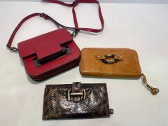 One used red handbag, One used Jimmy Choo labelled snake design womens wallet and one used brown Jimmy Choo light brown womens wallet