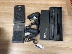 Bundle of 2 x Gem Hair Dryers & 1 x GHD Curve Wand & Assorted MUK Accessories
