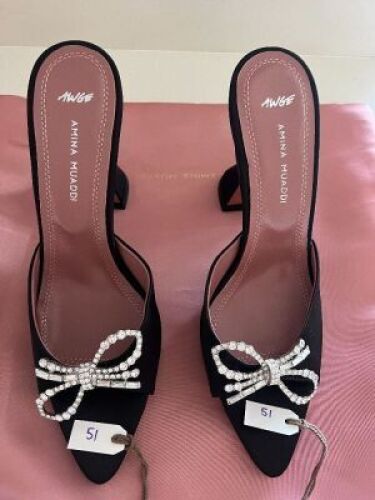 Amina Muaddi Rosie Peep Toe Crystal Embellished Mules, size 38