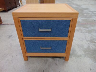 Wooden Bedside Table - Grey Fabric Sides, Denim Blue fabric on front of drawer