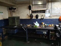 Workbench With Dual Vice - Approximately 3m X 1.5 m X 90 cm. Content not included.