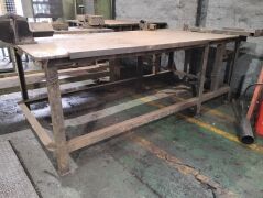 Approximately 2.5 m x 1.5 m x 1m iron workbench with two vices