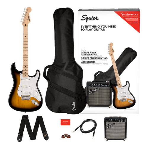 Squier Sonic Stratocaster, Maple Fingerboard Electric Guitar Pack in 2 Color Sunburst