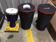 1 x Mano 8in Tuneable Djembe - WS, 1 x Mano 8in ABS Djembe - Blue & 1 x LP 7Inch Rope Djembe Purple - 2