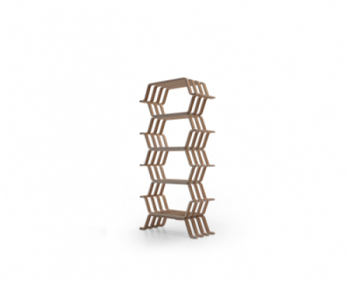 3 level bookcase.Made entirely in curved wood with teak finish. W 685 D 282 H 1083