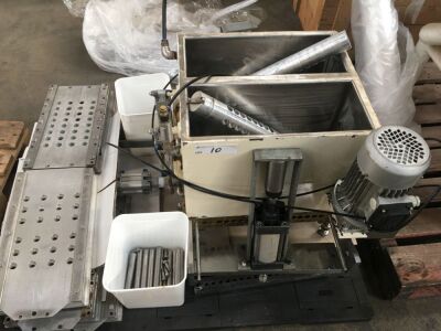 2007 MOTORISED PNEUMATIC CHOCOLATE DEPOSITING MACHINE with Twin Water Heated Mixing Bins with Horizontal Mixing Paddles, assorted Tooling, Geared Drive to 415V 3 Phase Electric Motor and Switch