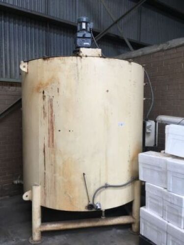 STEEL FRAMED APPROX 6,000 LITRE WATER JACKETED CHOCOLATE MIXING TANK on Stand with Overhead Motorised Agitating Impellor, Bottom Mount Product Release Valve, Control to 415V 3 Phase Electric Motor and Switch, Approx 2m High x 2m Wide