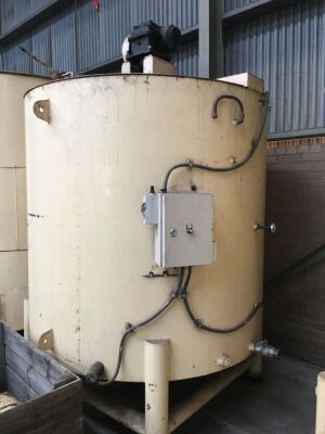 STEEL FRAMED APPROX 6,000 LITRE WATER JACKETED CHOCOLATE MIXING TANK on Stand with Overhead Motorised Agitating Impellor, Bottom Mount Product Release Valve, Control to 415V 3 Phase Electric Motor and Switch, Approx 2m High x 2m Wide