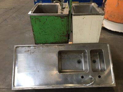 2x Assorted Stainless Steel Wash Troughs and Stainless Steel Twin Bowl Sink with Right Hand Drainer