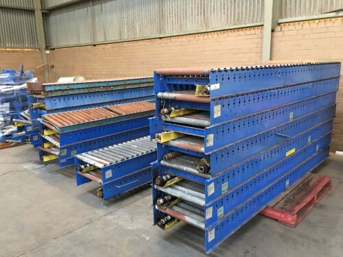 Steel Framed Heavy Duty Warehouse Roller Conveyor System Comprising 21 of 600mm x Approx 3.5m Straight Conveyor Sections, 4 of 600mm Wide Corner Conveyor Sections and Adjustable Stands