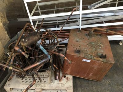 Pallet Comprising Copper Tank 600 x 650 x 450, Assorted Copper Pipes, Approx 30 Lengths Assorted Size Copper Pipes and 5 Tiered Steel Framed Trolley