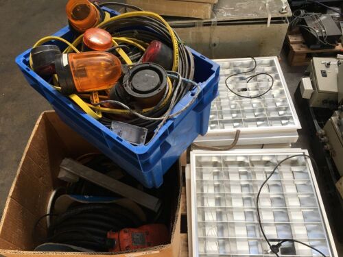 Pallet Approx 7 Ceiling Lights and Box of Electric Cable and Hazzard Lights and Foot Pedal