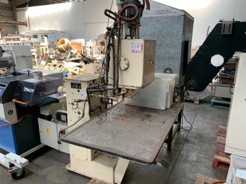 1981 COLLMANN MOTORISED STEEL FRAMED CHOCOLATE DEPOSITOR Model: D2400, S/N: 4404251 with Heated Hopper Mixer Feeder, Preparation Table, Control to 415V 3 Phase Electric Motor and Switch