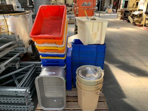 Quantity Plastic Tote Bins, Bucket, Stainless Steel Bin, Mixing Bowls and Implements