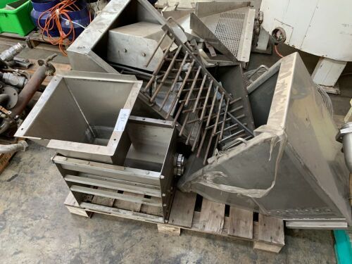 Quantity Assorted Stainless Steel Feed Hoppers, Racks, Mixing Tank etc