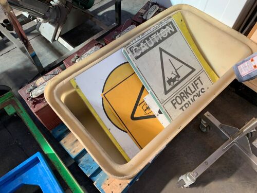 Moulded Plastic Storage Bin, Quantity Directional Signs and 4 Vehicle Batteries