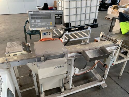 Anritsu Electric Check Weighing Machine Unit with Rubber Belt Through Feed Conveyor, Control to 415V 3 Phase Electric Motor and Switch Mounted on Mobile Stand and Set Wedderburn Bench Top Scales
