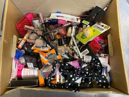 One box containing nail polish, various eye liner, lip balm and polish remover, quantities unknown.
