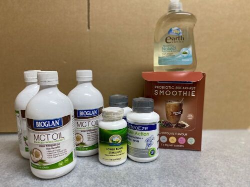 One box containing 3 Bioglan MCT oil 500ml each, 2 OsteoEze Triple Action 120 tablets each, 1 Box Pro Biotic Breakfast Smoothie and 1 Earth Choice Dish Wash Concentrate.