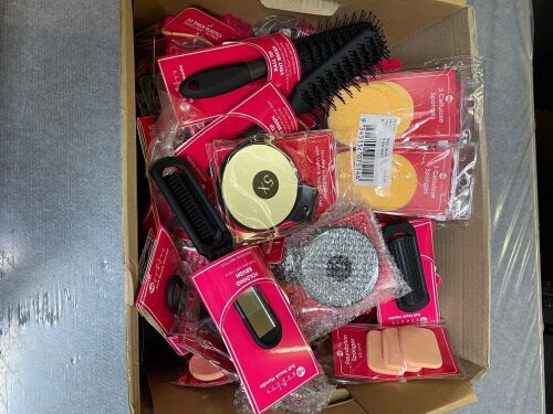 One box women’s assorted make up sponges, folding brushes, double side mirrors & hair elastics , unknown quantities.