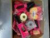 One box women’s assorted make up sponges, folding brushes, double side mirrors & hair elastics , unknown quantities.
