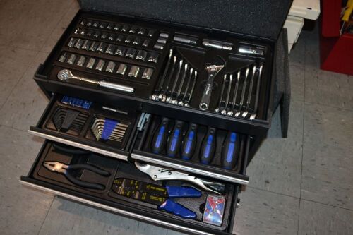 Steel Tool Box and Assorted Spanners, Sockets, Allen Keys