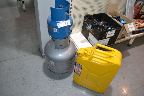 2 x Assorted LP Gas Tanks and Steel Jerry Can