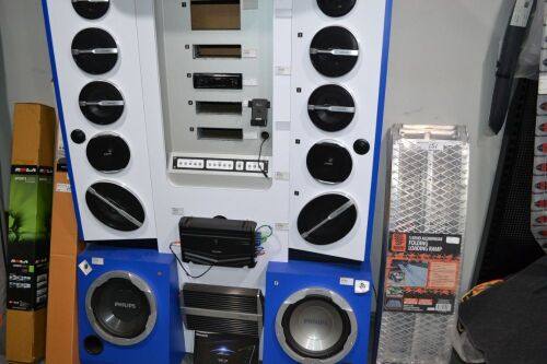Kenwood CD Player, Kenwood and Philips Amplifiers and 12 Assorted Philips Stereo Speakers Mounted on Philips Display Stand
