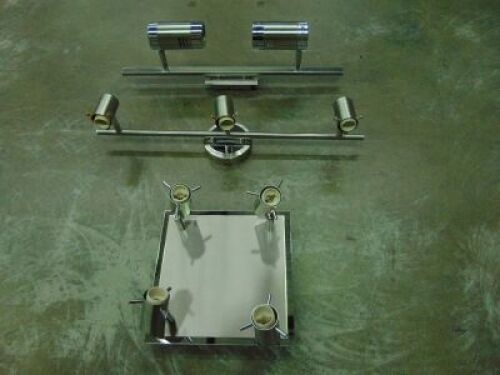 Mixed box of assorted light fittings. 2, 3, and 4 light assemblies on stainless steel mount. Box contains 18 separate items. Brand IBISLUX