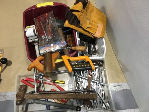 Lot Assorted Hand Tools, Sledge Hammer, Panel Mallet, 2 Nail Bags etc