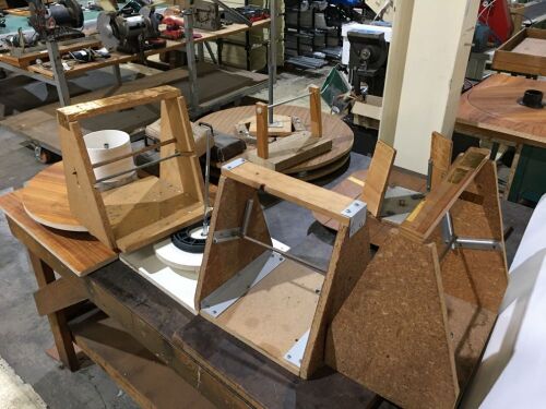 8 x Assorted Timber Framed "Lazy Susan" and Vertical Feed-Out Stand