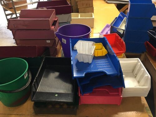 Large Quantity Assorted Plastic Filing Trays, Storage Bins, Buckets, Baskets etc