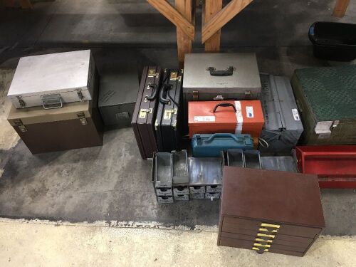 Large Quantity Assorted Tool Boxes, Brief Cases, Storage Bins etc