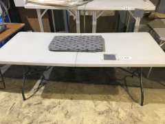 3 x Steel Framed Moulded Plastic Top Foldaway Tables each with Table Cloth