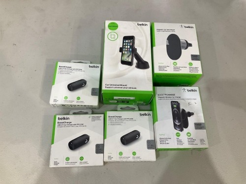 Bundle of Assorted Belkin Car Chargers and Phone Mounts