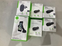 Bundle of Assorted Belkin Car Chargers and Phone Mounts