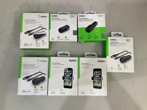 Bundle of Assorted Belkin Car Chargers and Phone Mounts