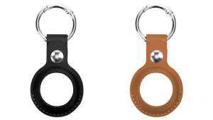 6 x Laser Pack of 2 PU Leather KeyRing AirTag - Tan - Black