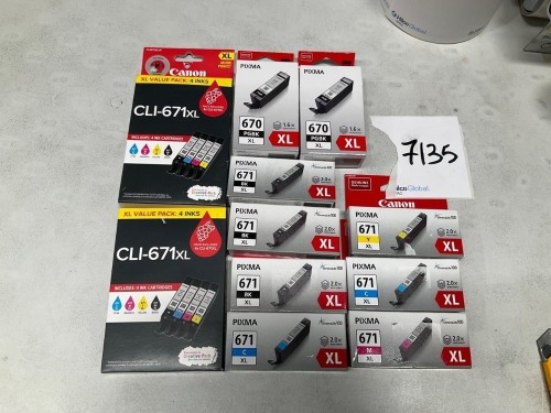 Bundle of Assorted Canon 670 and 671 Ink Cartridges - Total RRP $550