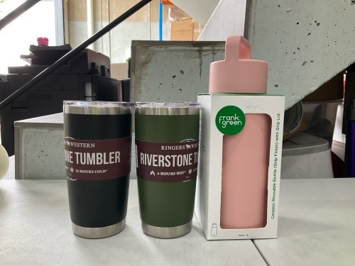 Bundle of 2 x Ringers Western Riverstone Tumbler 590ml & 1 x Frank Green Ceramic Reusable Bottle With Grip Lid - Total RRP $139.85