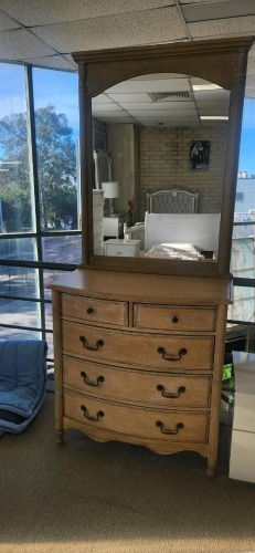 Birch Timber 5 Drawer Dresser with Mirror - RRP $899 - Ex-Display