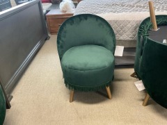 3 x Saloon Velvet chair w/tassels dark green/gold wood leg, $149 RRP each - Ex Display