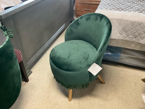 4 x Saloon Velvet chair w/tassels dark green/gold wood leg, $149 RRP each - Ex Display