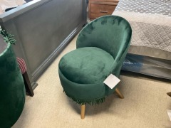 4 x Saloon Velvet chair w/tassels dark green/gold wood leg, $149 RRP each - Ex Display