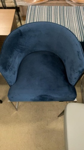 &lsquo;ENIGMA&rsquo; Tub Chair, Blue Velvet Upholstery, Polished Chrome Legs & Frame, $899 RRP - Ex Display