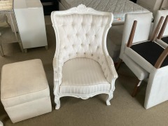Pecare Feature Chair Ivory Frame & Upholstery, Button Detail, $1099 RRP - Ex Display