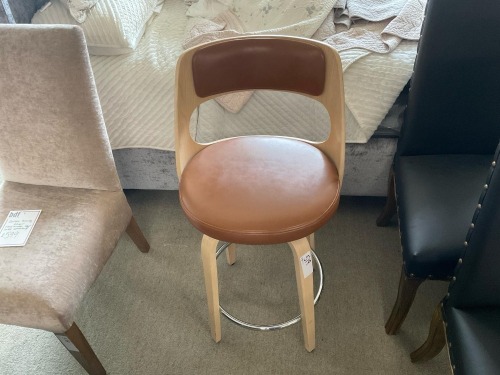 Swivel barstool timber / tan PVC, $249 RRP - Ex Display