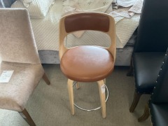 Swivel barstool timber / tan PVC, $249 RRP - Ex Display